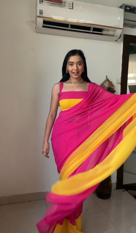 Pink and Yellow Colour 1-Min Georgette Ready To Wear Saree With Blouse Piece