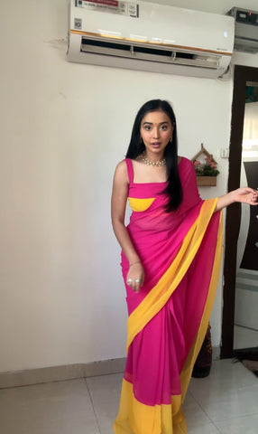 Pink and Yellow Colour 1-Min Georgette Ready To Wear Saree With Blouse Piece