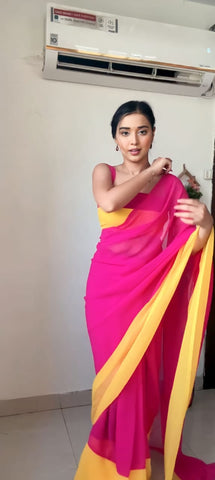 Pink and Yellow Colour 1-Min Georgette Ready To Wear Saree With Blouse Piece