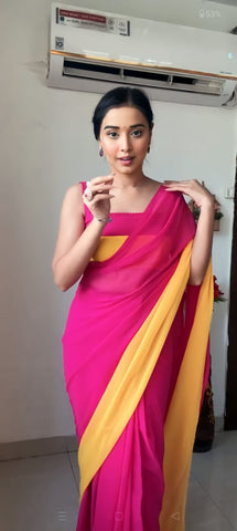 Pink and Yellow Colour 1-Min Georgette Ready To Wear Saree With Blouse Piece