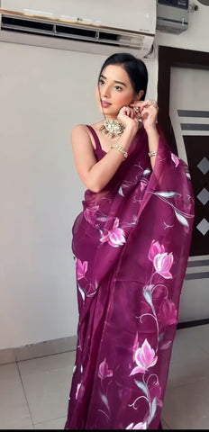 Wine Colour 1-Min Organza Silk Ready To Wear Saree With Blouse Piece