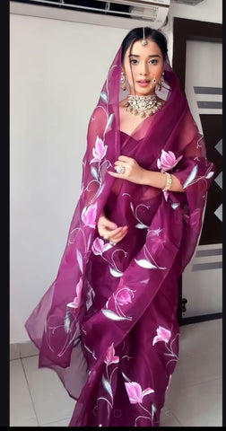 Wine Colour 1-Min Organza Silk Ready To Wear Saree With Blouse Piece