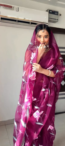 Wine Colour 1-Min Organza Silk Ready To Wear Saree With Blouse Piece