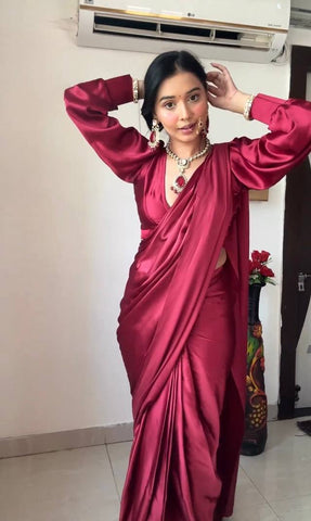 1-Min Satin Ready To Wear Saree With Blouse Piece