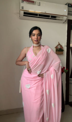 Baby Pink Colour 1-Min Georgette Ready To Wear Saree With Blouse Piece