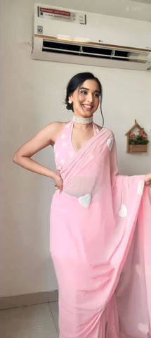 Baby Pink Colour 1-Min Georgette Ready To Wear Saree With Blouse Piece