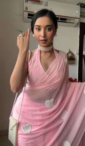 Baby Pink Colour 1-Min Georgette Ready To Wear Saree With Blouse Piece