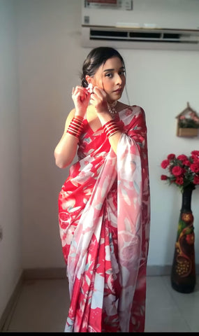Red Colour 1-Min Georgette Ready To Wear Saree With Blouse Piece