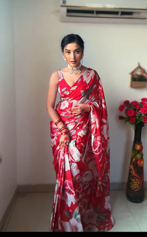 Red Colour 1-Min Georgette Ready To Wear Saree With Blouse Piece