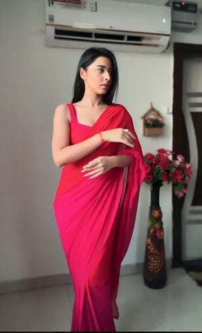 Rani Pink Color 1-Min Georgette Ready To Wear Saree With Blouse Piece