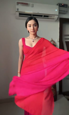 Rani Pink Color 1-Min Georgette Ready To Wear Saree With Blouse Piece