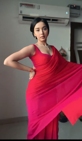 Rani Pink Color 1-Min Georgette Ready To Wear Saree With Blouse Piece