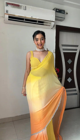 Yellow and Orange Colour 1-Min Georgette Ready To Wear Saree With Blouse Piece