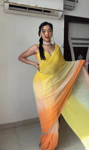 Yellow and Orange Colour 1-Min Georgette Ready To Wear Saree With Blouse Piece