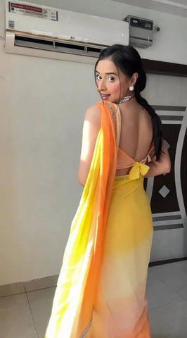 Yellow and Orange Colour 1-Min Georgette Ready To Wear Saree With Blouse Piece