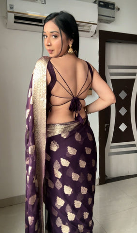 Surpassing 1-Minute Ready To Wear Dark Purple Cotton Silk Saree