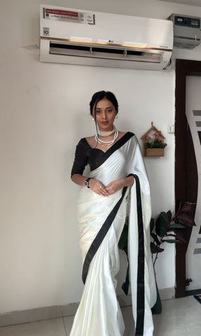 Adorable 1-Minute Ready To Wear White Satin Silk Saree