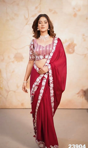 Red Beautiful Sequins Saree With Embroidery Work