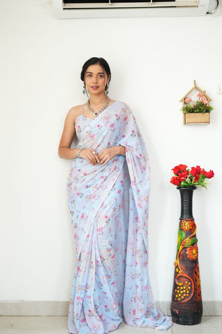 Jazzy 1-Minute Ready To Wear Sky Blue Printed Satin Silk Saree