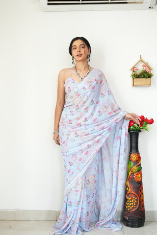 Jazzy 1-Minute Ready To Wear Sky Blue Printed Satin Silk Saree