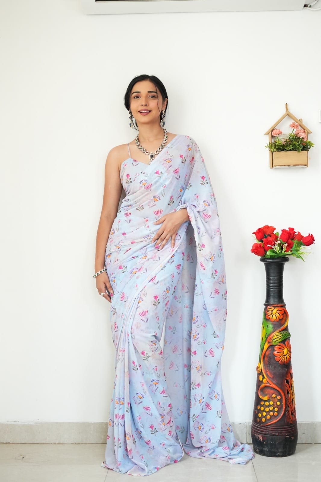 Extraordinary 1-Minute Ready To Wear sky blue Printed Satin Silk Saree