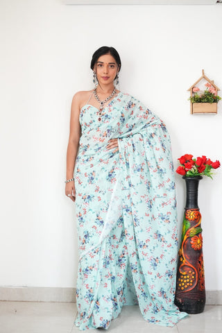 Extraordinary 1-Minute Ready To Wear Baby Pink Printed Satin Silk Saree