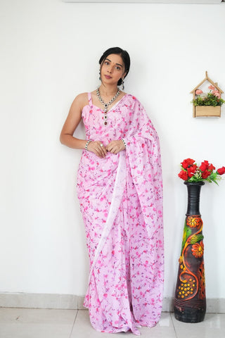 Extraordinary 1-Minute Ready To Wear Baby Pink Printed Satin Silk Saree