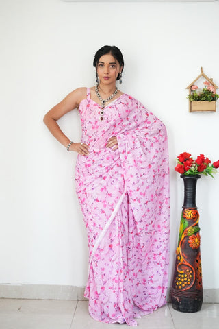 Extraordinary 1-Minute Ready To Wear Baby Pink Printed Satin Silk Saree