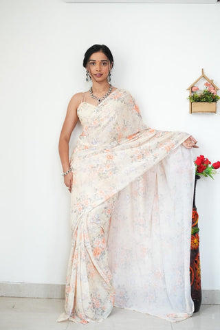 Lovely 1-Minute Ready To Wear Beige Printed Satin Silk Saree