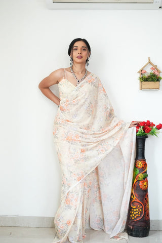 Lovely 1-Minute Ready To Wear Beige Printed Satin Silk Saree