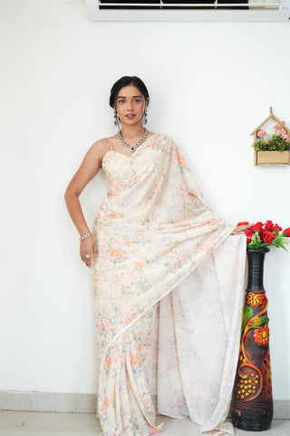 Lovely 1-Minute Ready To Wear Beige Printed Satin Silk Saree