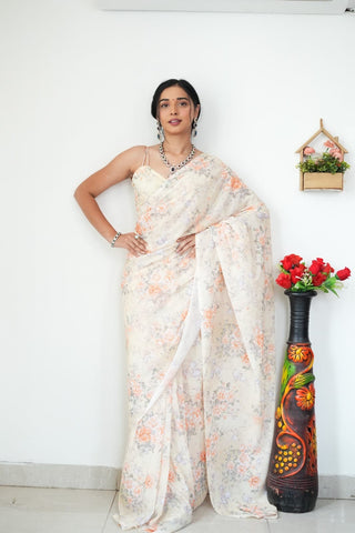 Lovely 1-Minute Ready To Wear Beige Printed Satin Silk Saree