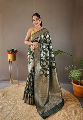 Pretty Black Color Banarasi Silk Zari Weaving Saree With Blouse Piece