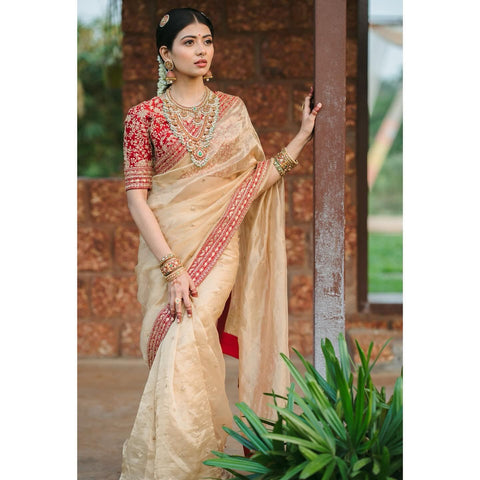 Gold Dori Embroidered Tissue Organza Designer Saree