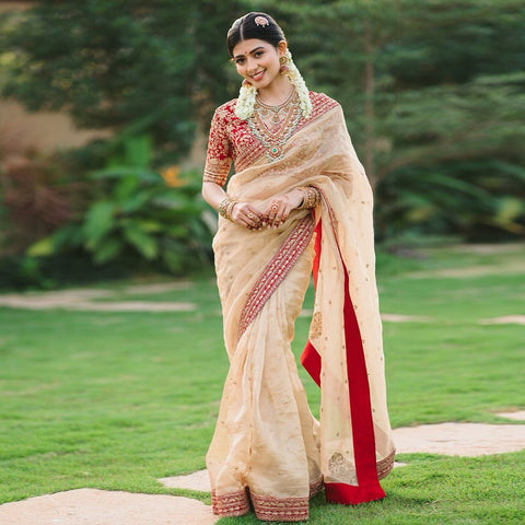 Gold Dori Embroidered Tissue Organza Designer Saree