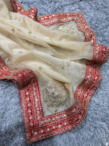 Gold Dori Embroidered Tissue Organza Designer Saree