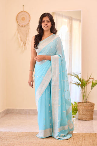 Ocean Blue Cotton Silk Saree With Scintillating Blouse Piece