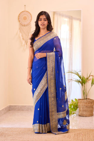 Ocean Blue Cotton Silk Saree With Scintillating Blouse Piece