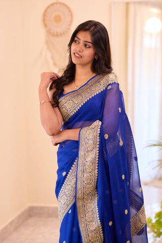 Ocean Blue Cotton Silk Saree With Scintillating Blouse Piece