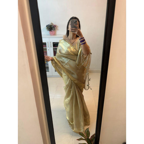 beautiful banarsi golden tissue silk saree with antic gold border