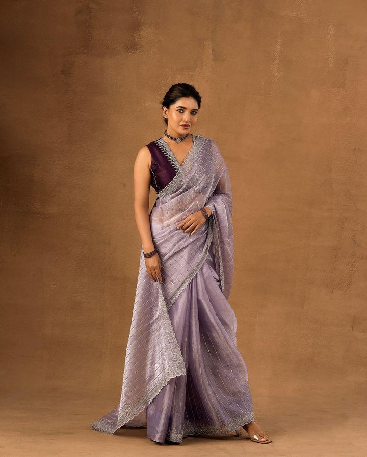 Embroidered, Dyed Bollywood Tissue Saree pink