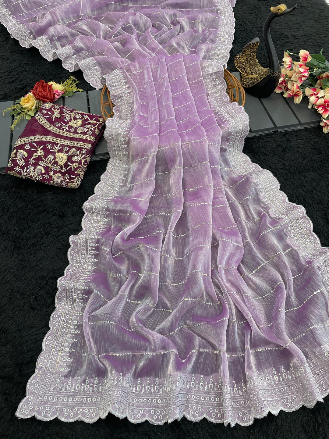 Embroidered, Dyed Bollywood Tissue Saree pink