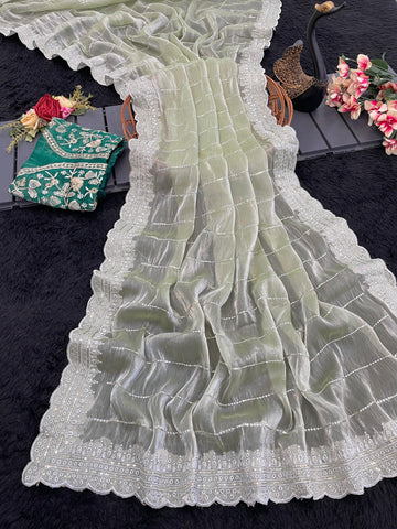 Embroidered, Dyed Bollywood Tissue Saree