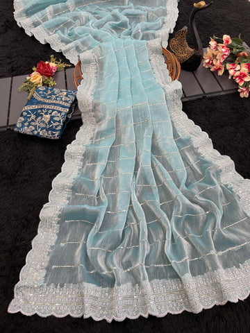 Embroidered, Dyed Bollywood Tissue Saree
