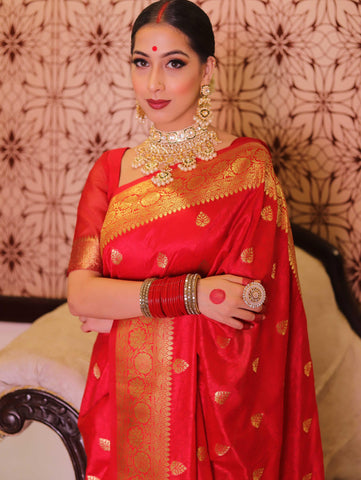 Floral Red Banarasi Saree with Contrast Border