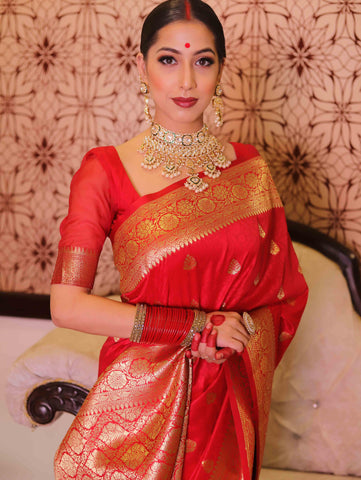 Floral Red Banarasi Saree with Contrast Border