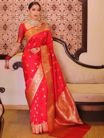 Floral Red Banarasi Saree with Contrast Border