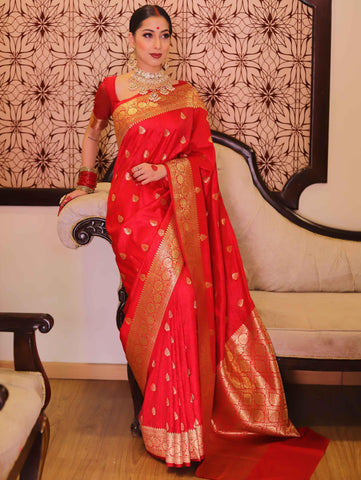 Floral Red Banarasi Saree with Contrast Border