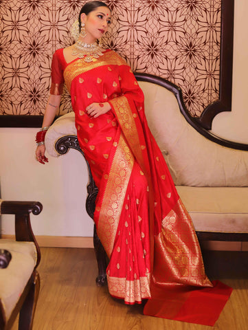 Floral Red Banarasi Saree with Contrast Border