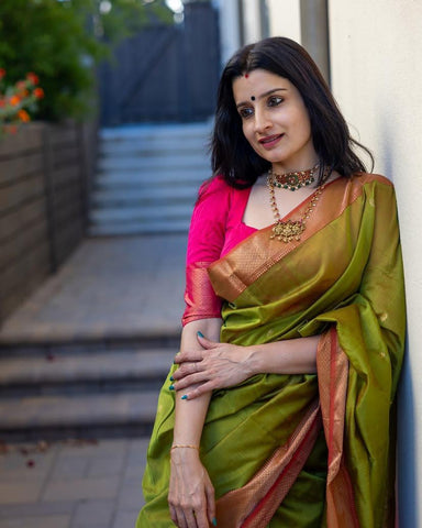 Green Women Saree With Zari Accent